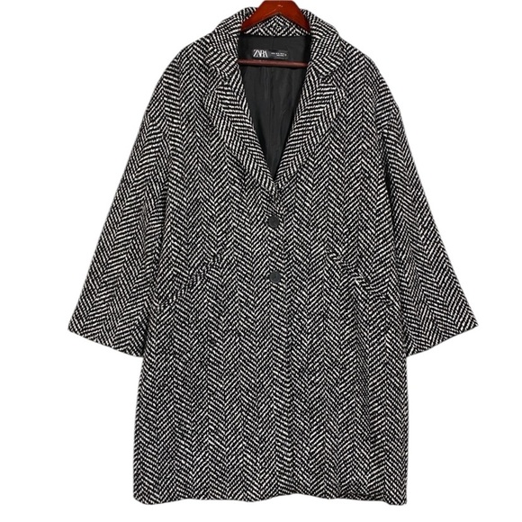Zara Knit Herringbone Longline Two Button Coat Blazer Size XL Black White - Picture 1 of 7